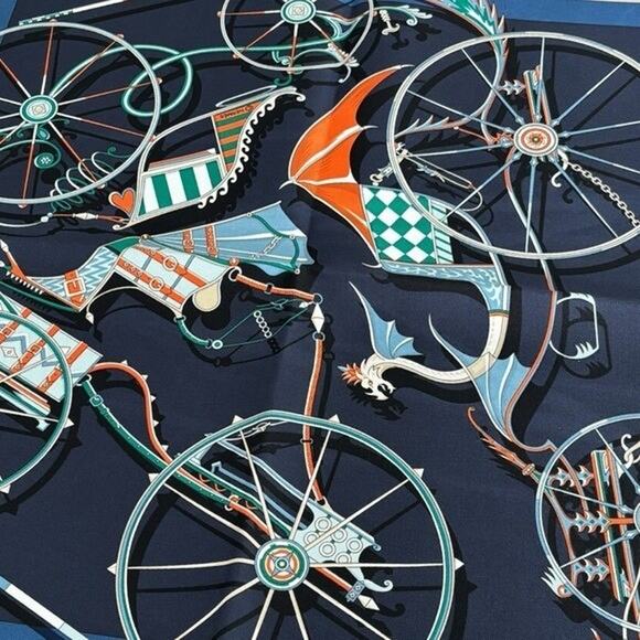 Hermes Gavroche Twill Voitures En Equilibre 45 Marine Square Scarf Handkerchief - Picture 4 of 8